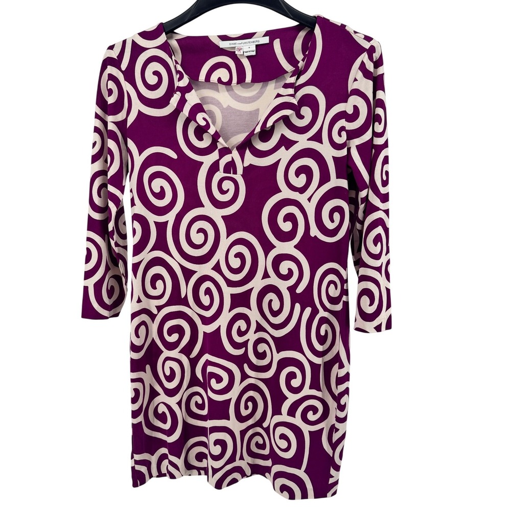 Diane von Furstenberg‎ Silk Shift Dress Womens 8 Purple Swirl V-Neck 3/4 Sleeve